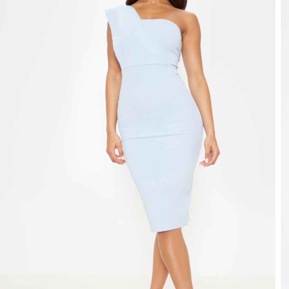 One shoulder dusty blue dress